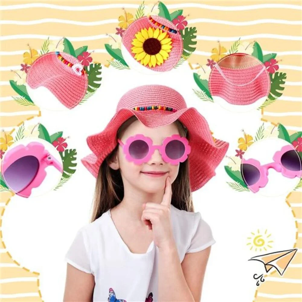 Summer Straw Hat for Girls Large Brim Sunflower Beach Hat Cute Flower Sunglasses